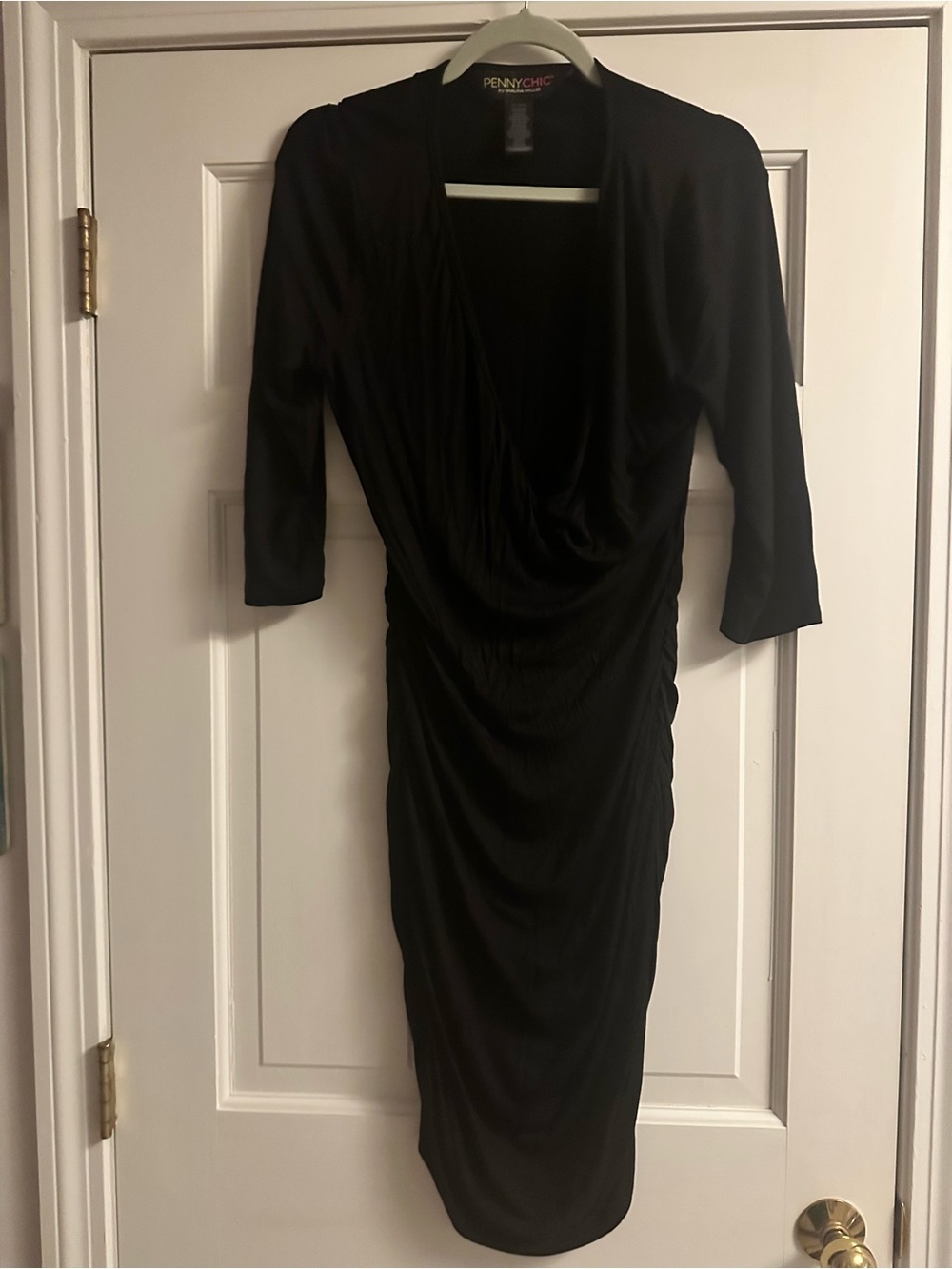 Penny Chic Black Draped Ruched Midi Dress